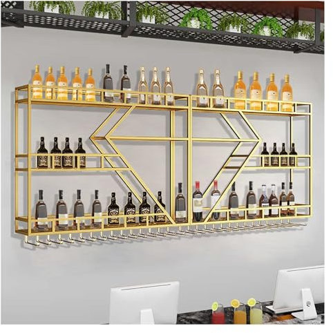 Weinregal aus Metall zur Wandmontage mit LED-Licht, 3 Etagen, Likör-Ausstellungsregal, Hängekelch, Glashalter, Barschrank für Restaurant, Gold (180 x 20 x 86 cm)