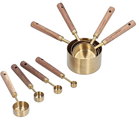 8Pcs Stainless Steel Measuring Cups and Spoons Set with Wooden Handles for Baking and Cooking