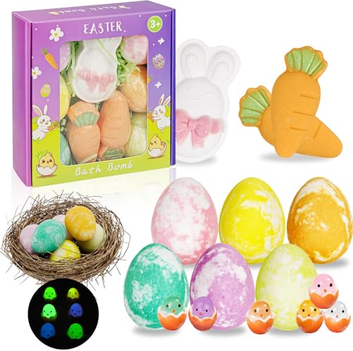 Easter Bath Bombs with Surprise Inside: 9 Pcs Natural Organic Egg Bunny Shaped Basket Stuffers for Kids Girls Boys Bubble Bathbombs Fruit Scented Spa Birthday Gift Set Party Favors Children Prize