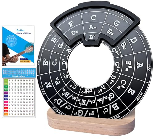 Ssllretu Circle of Fifths Wheel Metal Melody Tool with Guitar Chord Chart, Music Theory Book and Wooden Stand for Musical Instruments, Black