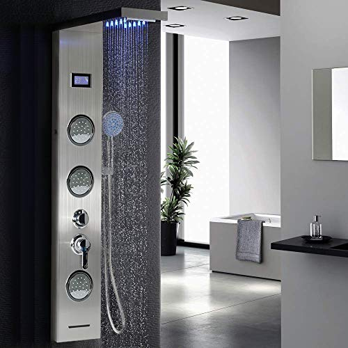 OHMG LED Duschturm mit Duscharmatur 5 Duschmodi Regendusche Wasserfall 2 Massagedüsen Handbrause und Wanneneinlauf Edelstahl Duschsäule