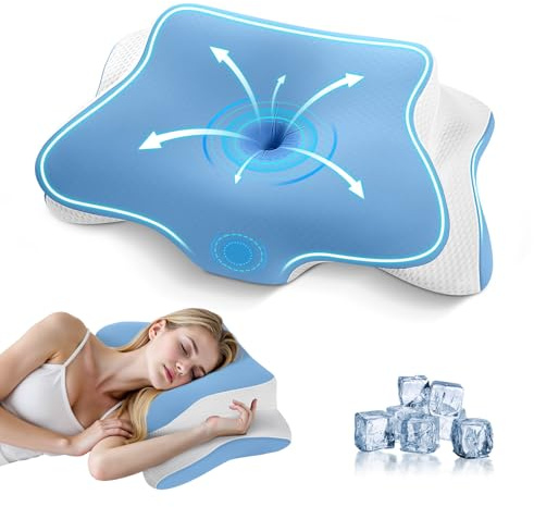 JINXIA Memory Foam Pillow, Orthopedic Ergonomic Pillows for Neck and Shoulder Pain, Cervical Neck Support for Side/Back/Stomach Sleepers, with Cooling Washable Silk Pillowcase, Blue