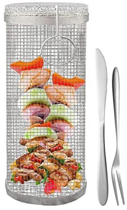 Cesta de parrilla rodante para barbacoa, de acero inoxidable, cilindro de malla de alambre, portátil, para camping, para verduras, patatas fritas, pescado, la mejor cesta de parrilla de la historia