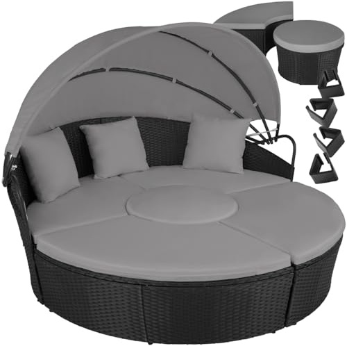 tectake® Rund Solsäng i konstrotting, stor solbädd med tak, fyra individuella moduler, gasfjädersystem och kardborrefästen, mjuk vattenavvisande klädsel - Svart