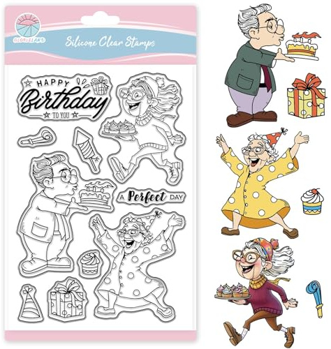 GLOBLELAND Lustiger Geburtstag Transparente Stempel für Scrapbooking Cartoon Alter Mann Großmutter Klare Stamps Geschenkkuchen Silikonstempel Für Kartengestaltung DIY Prägung Journaling
