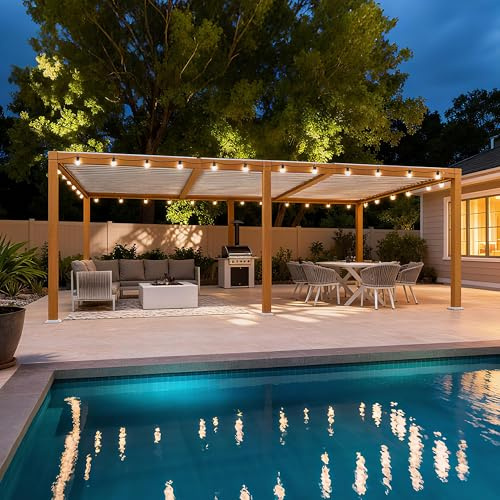 PURPLE LEAF Pergola Bioclimatique en Effet Bois Aluminium 3.5 x 6.35 m, Pergola avec LED, Tonnelle de Jardin Extérieur Imperméable avec Lames Orientables pour Terrasse, Jardin et Carport