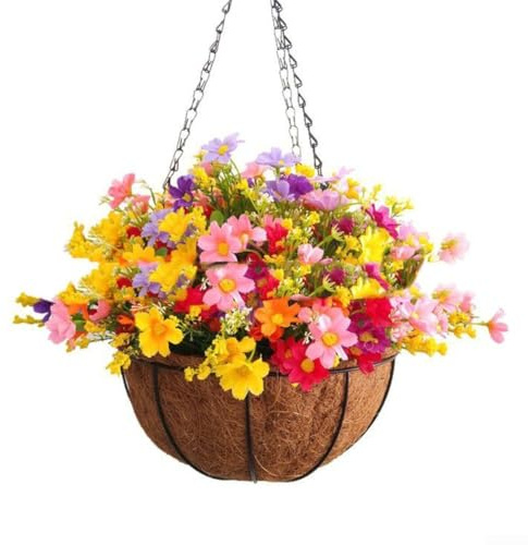 Elegant Rattan Hanging Basket with Artificial Flowers for Year Round Garden Decor (D)