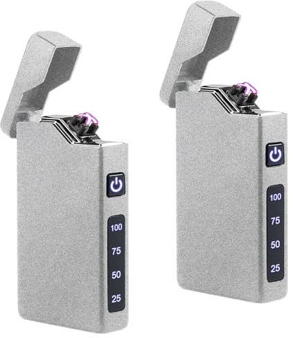 2 Stück Feuerzeug Elektrisch, Lichtbogen Stabfeuerzeug, Tragbares Lighter mit Batterieanzeige Wiederaufladbar über USB Unisex-Geschenk mit Geschenkbox (Silber)