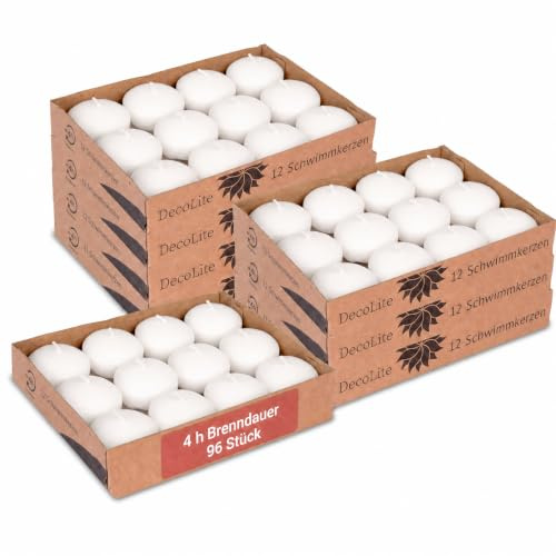 DecoLite 96 Schwimmkerzen Ø 45 mm, 4 h Brenndauer, Weiß, Tischdeko | Schwimmstabile, rußfreie Floating Candles mit Baumwolldocht – für Hochzeit, Dinner, Wellness & Gartenparty