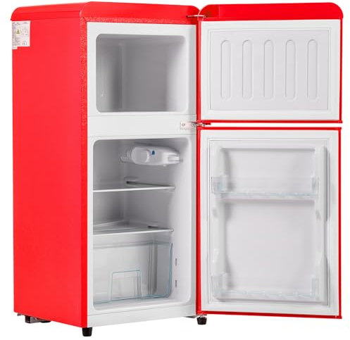 Mini refrigerador con congelador retro de 2 puertas con congelador para dormitorio, 60 L. Termostato ajustable. Mini refrigerador compacto retro para dormitorio, apartamento,Red