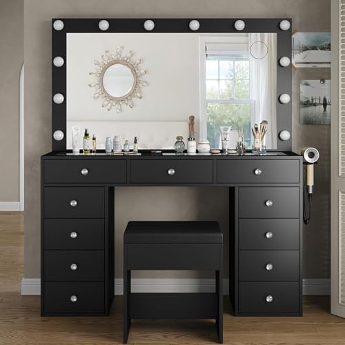 FUSOU Vanity Desk with Power Outlet, Makeup Vanity with Mirror and 12 LED Lights, 3 Lighting Modes, 11 Drawers Vanity Table with Chair, Glass Top, Dressing Table for Bedroom,Dressing Room, Black