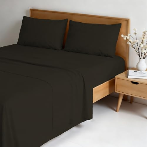 TESSILBOSIO Completo Letto Matrimoniale - Lenzuolo sopra 240x270cm, Sotto 170x200 e 2 Federe 50x80 – Lenzuola Microfibra Morbida No Stiro Effetto Stropicciato, Finiture Artigianali – (Marrone)