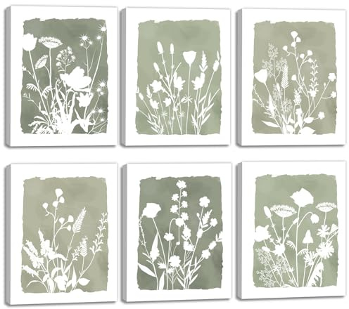 ANHUIB 6Pcs Wildflowers Framed Canvas Wall Art Set Boho Elegant Flower Print Wall Decor Minimalist Floral Botanical Flowers Wall Printing for Living Room Bedroom Dining Room Office Hallway 20x25cm