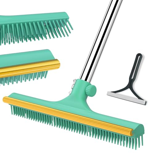 Carpet Rake for Pet Hair Removal, Reusable Pet Hair Remover Broom, 60'' Adjustable Long Handle Dog and Cat Hair Remover Tool Set of 2, Lint Remover Scraper for Carpets, Rugs, Mats, Couch, Car (Green)