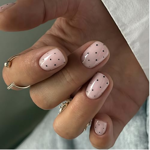 Auroriel 24 Pieces Short Square Polka Dot Press On Nails Black Dots Artificial Nails Full Cover Glossy Acrylic Fake Nails For Women
