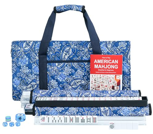 ZGME American Mahjong Set,166 White Tiles with Blue Bag and Accessories,4 Transparent All-in-One Mahjong Racks with Pushers,Complete Mahjong Set