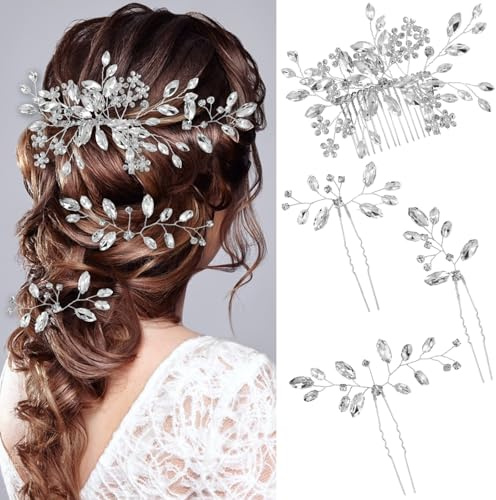 4 stycken silver hårsmycken bröllop set brud hårkam med kristallpärlor och strass hårnålar glänsande hårtillbehör sidohårklämmor kvinnor för kvinnor brudtärnor fest och vardag