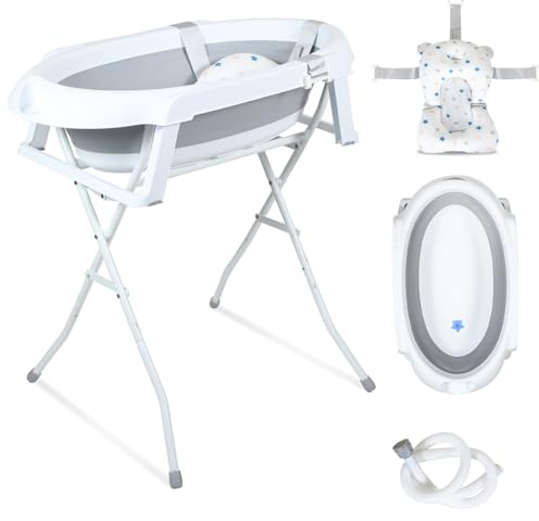 Eikuavons Baby Badewanne mit Gestell, faltbare Babybadewanne Babywanne Baby Wanne platzsparend klappbar, stabiler Ständer, Badewannensitz, Ablaufschlauch, sichere faltbare Badewanne Grau