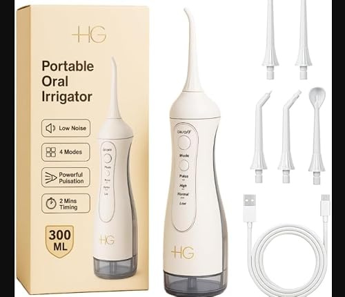 HG Irrigatore Orale Portatile, 300ml, 4 Modalità, Basso Rumore, Pulsazione Potente, 6 Punte Incluse, Ricaricabile USB