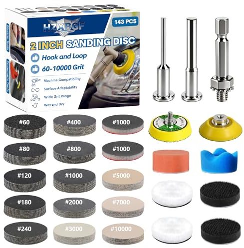 Kit di ripristino dei fari con grana 60-10000, 143 pezzi, 5 cm, dischi abrasivi a secco e ad anello, kit di lucidatura per trapano dotato di cuscinetti in carta vetrata e utensili rotanti per legno