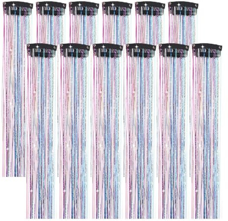 KRFWGUU Tinsel Extension Capelli Con Clip, 12 Pezzi Ciocche Per Capelli Con Glitter Colorati, Extension Glitter Per Donne E Ragazze, Ciocche Colorate, Feste, Per Matrimoni, Festival, Multicolore