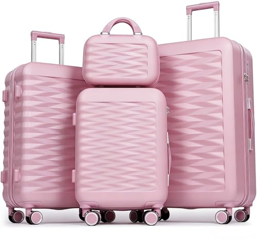 H.yeed Valise cabine de 50,8 cm avec vanité de 30,5 cm, légère en ABS rigide, valise à roulettes, valise de voyage avec roulettes pivotantes, rose, 4 pc set, Lot de 4 valises 12+20+24+28