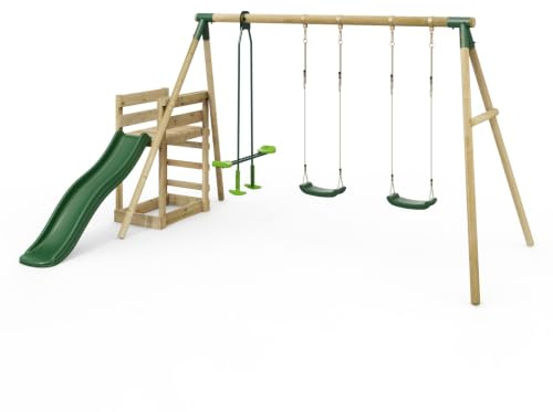 Rebo® Wooden Swing Set Plus Deck and Slide - Neptune Green | OutdoorToys, Kids' Playset, Sturdy Construction, Pressure Treated Timber, Soft-Feel Ropes
