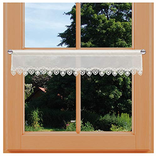 Feinste Spitzen-Feenhausgardine Merida hochwertige Vogtländischer Spitze in Natur | Landhaus-Scheibengardine mit traditioneller Stickerei im Blumen-Design | Kurzgardine Höhe x Breite 16 x 146 cm