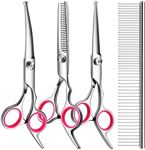 TINMARDA 5 in1 Dog Grooming Scissors Kit, Professional Dog Scissors for Grooming with Safety Round Tips, Titanium Coated Grooming Shears for Dogs Cat Pet At Home
