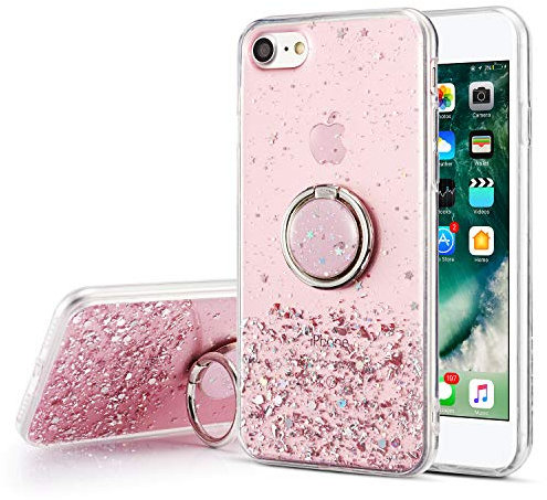 DEFBSC Case for iPhone SE 2022/2020, iPhone 7/8 with Ring, Glitter Sequin Clear Back Cover with 360° Rotation Ring Holder Kickstand,Soft TPU Bumper Phone Case Slim Transparent Sequin Back Case- Pink