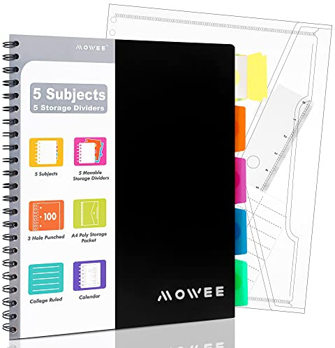 MOWEE Spiral Notebook - 5 Subject Notebook, College Ruled Notebook 3-Hole Punched With Dividers, Storage Pockets, 11 Ruler, 200 Pages, for Writing Journal, Home &Office, School Supplies（Black）