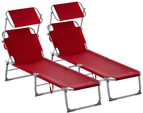 CASARIA® 2X Tumbonas con Parasol Jardín Playa Plegable Carga 150Kg 190x60cm Respaldo Reclinable Piscina Ligera Roja