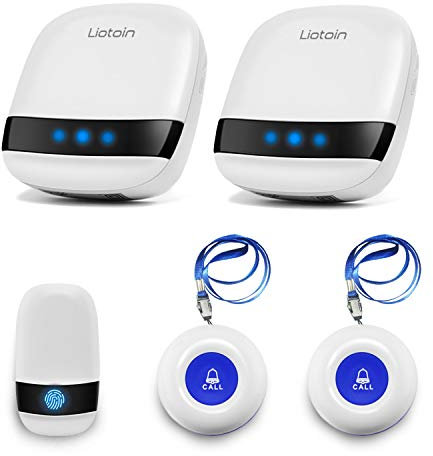 LIOTOIN Notrufknopf für Senioren Notruf Kabellos Notfallknopf Hausnotruf für Senioren SOS Alarm Notruf Knopf Wasserdicht Pflegeruf Set 3 Sender 2 Empfänger