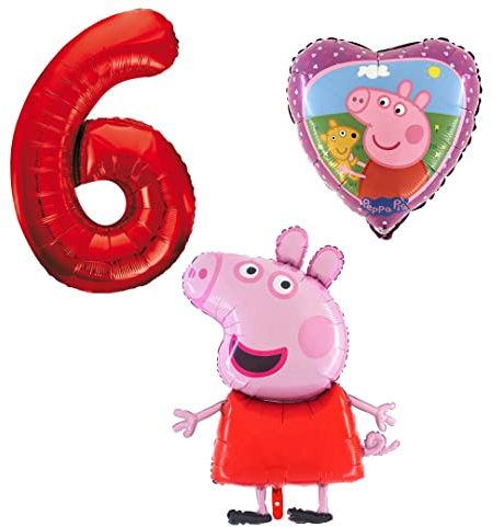 Ballonset Peppa Wutz Pig 3 er Set Peppa Folienballon, Zahl 6 in rot, Peppa mit Teddy Herz