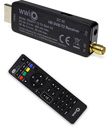 WWiO TRINITY T2 TV Stick V2 - Decoder digitale terrestre DVB-T2 H.265 HEVC 10 Bit, telecomando wireless 2-in-1, 600 canali, 4 elenchi di preferiti, nero