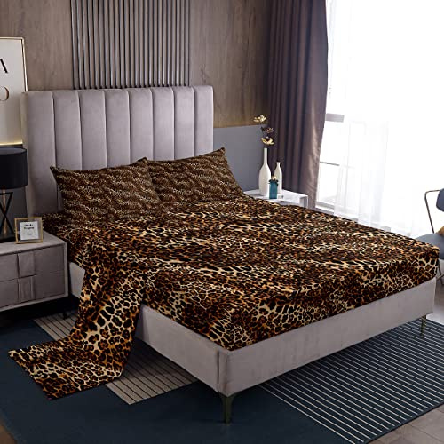Loussiesd - Set di biancheria da letto con motivo leopardo arancione, texture esotica, ispirato alla fauna, lenzuola arancione marrone nero, 4 pezzi, misura matrimoniale