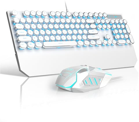 Tastiera e mouse per macchina da scrivere retrò, graziosa tastiera bianca con interruttori lineari rossi, tastiera meccanica da gioco cablata di dimensioni standard, tastiera e mouse con luce fredda