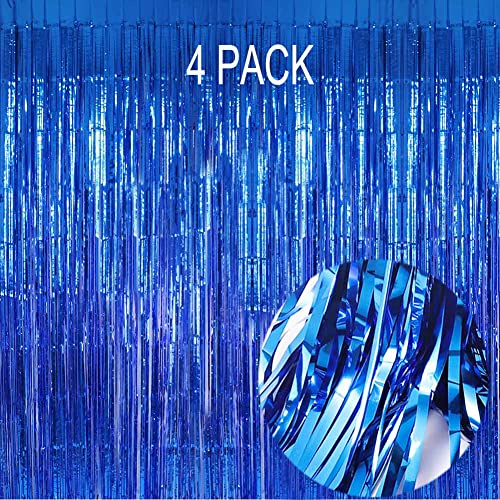 Blue Foil Fringe Curtain- 4 Pack of 3.2x8.2ft Blue Streamers Backdrop Curtains for Party Decorations