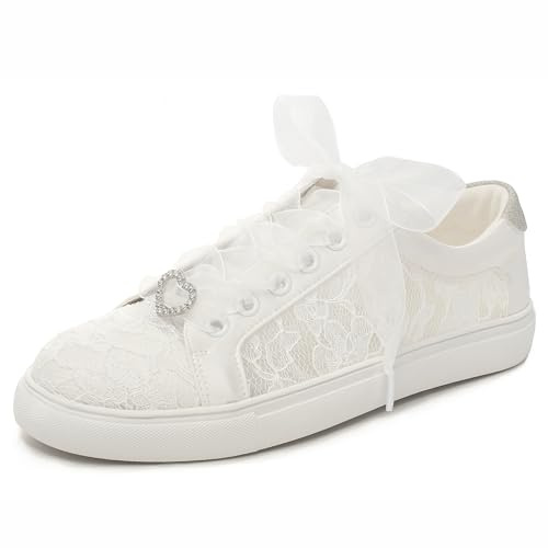 Elivandon 16053 Zapatos de Boda Nupciales de Encaje Floral Marfil, Talla 41 EU