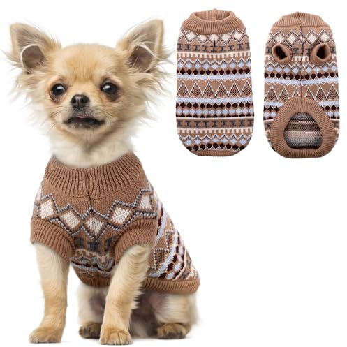 Hjumarayan Hundepullover - Boho Hundepullover Kleine Hunde Weihnachtspullover, Schöne Hunde Pullover mit Geschirr Öffnung, Dicken Hundepulli Chihuahua Yorkshire Jack Russell Pullis (Kaffee XS)