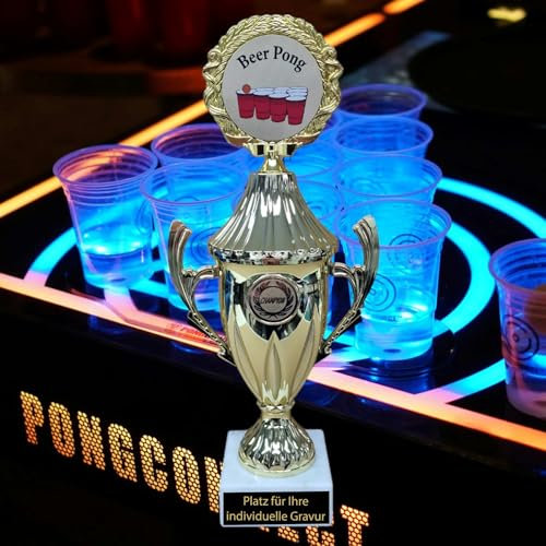 eberin – Beer Pong Pokal 28,5cm Trophäe Award Champion Trinkspiel Pokal mit Wunschtext Kunststoff Marmorsockel