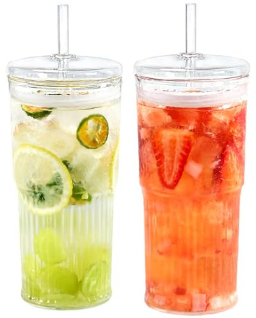 Puraville 20oz Glass Cups with Lids and Straws, 2 Pack High Borosilicate Iced Coffee Cups Drinking Glasses Tumbler for Smoothie, Water, Tea, Juice Drinks, Clear