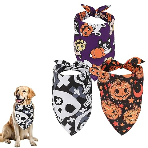 Lot de 3 bandanas d'Halloween pour chien, 65 x 45 cm, bandanas triangulaires, réglables, pour chiens de petite, moyenne et grande taille, costumes d'Halloween (citrouille, tête de mort, tête de chien)