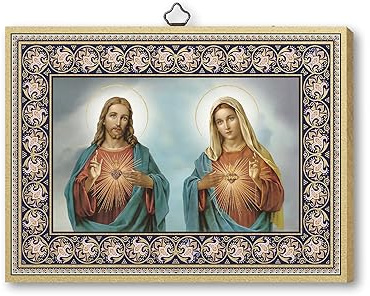 Frères Bonella | Tableau sacré sur bois MDF de peuplier 6 mm du Sacré-Cœur de Jésus et le Cœur Immaculé de Marie f.to 15 x 20 cm | Fabriqué en Italie