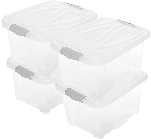 2friends 4er Set Aufbewahrungsbox mit Deckel 30 Liter 4 Stück Plastikbox aus lebensmittelecht Kunststoff mit Clip-Deckeln Stapelbar Transparent, 26 x 49 x 39 cm Made in EU