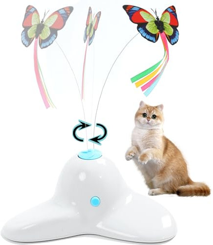 Vealind Interaktives Elektronische Katzenspielzeug mit Schmetterling, Batteriebetrieben mit 2 Schmetterling Automatisches Tumbler Spielzeug für Katze, Cremeweiß