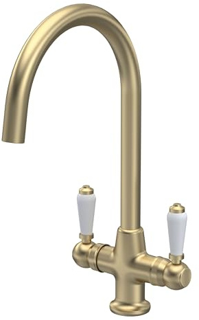 Balterley Kitchen Tap with Dual Lever Handles, Mono Kitchen Mixer Tap, Brushed Brass Mono Mixer Taps for Sink, Round Base with Curved Spout Taps for Sink - 160 x 220 x 375mm (Brushed Brass)