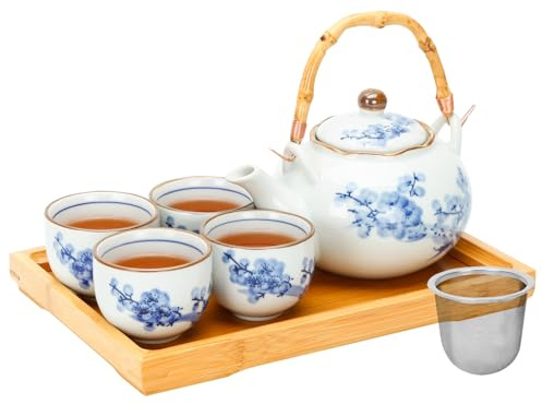 Japanisches Tee-Set aus Porzellan mit Teekanne und Teetassen-Set für 4, Blau-Weiß-Teesets für Erwachsene mit Edelstahl-Teesieb und Bambus-Tablett, Asiatisches Teeset für Teeliebhaber/Frauen/Männer