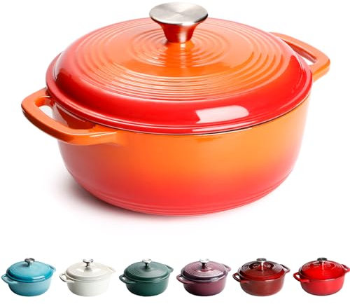 Horno holandés de hierro fundido, 22 cm, 3 l, 4,3 kg, cacerola redonda de hierro fundido resistente con tapa, horno holandés esmaltado antiadherente para todas las cocinas (naranja)
