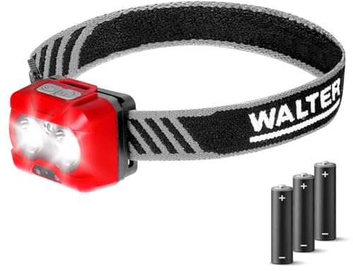WALTER LED-Stirnlampe 450 LM, 5 Modi, 3 x AAA-Alkalibatterien | Sensorfunktion für bequemes Ein- und Ausschalten, IP44 Wasserschutz, Ideal für Camping, Wandern und mehr, Tragebox